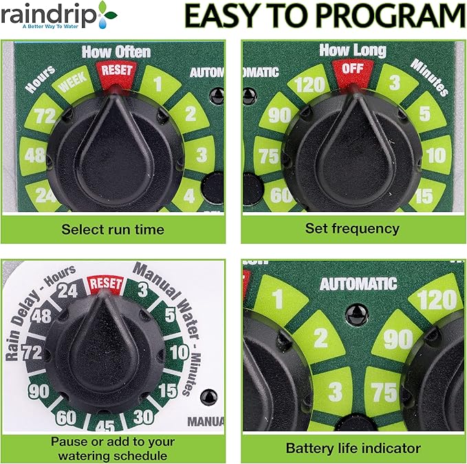 Raindrip R675CT Analog 3-Dial Water, Sprinkler Timer with Rain Delay for Drip Irrigation, Garden, Self-Watering
