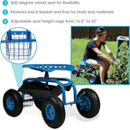 Sunnydaze Rolling Garden Cart with Seat - Garden Stool with Wheels and Adjustable 360-Degree Swivel Seat - Utility Tool Tray and Storage Basket - Blue