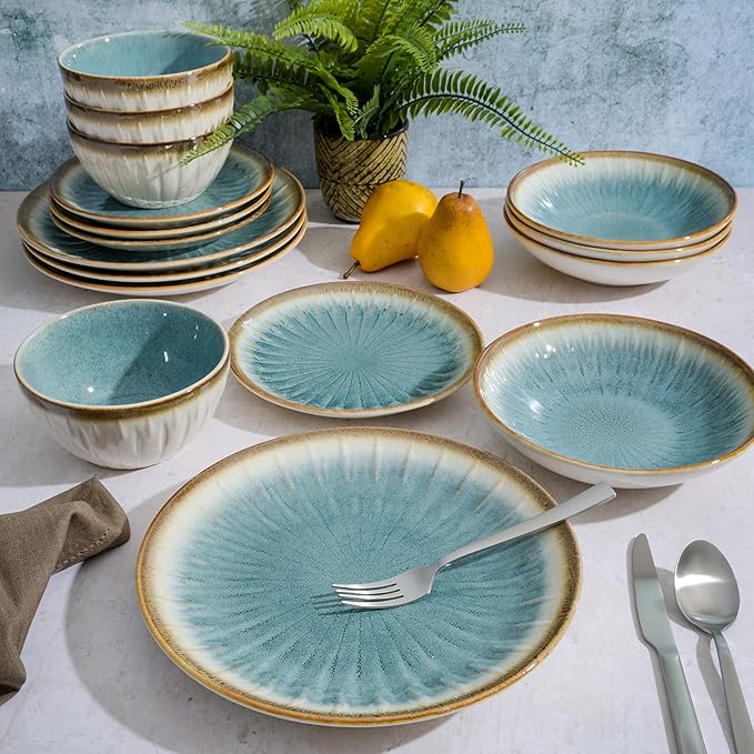 Gibson Elite Mayfair Bay Embossed Double Bowl Dinnerware Set, Service for 4 (16pcs), Blue