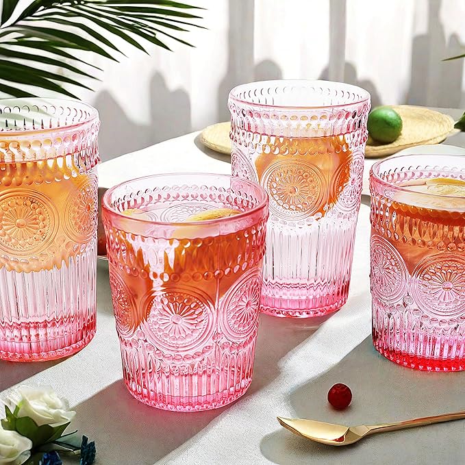 12pcs Vintage Drinking Glasses Set, 12 oz Highball Glasses & 9 oz Embossed Ribbed Glassware Cups for Cocktail, Water, Juice, Coffee, Whiskey (Pink)
