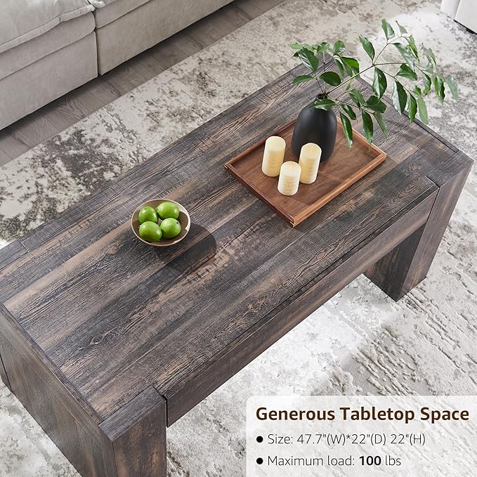 OKD 48" Modern Farmhouse Coffee Table, Wooden Living Room Table with Hidden Storage Drawer, Rustic Rectangular Center Tables w/Wood Thick Design for Living Room, Office, Dark Rustic Oak