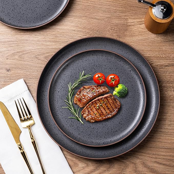 LERATIO Stoneware Dinnerware Sets for 6,Handcarft Ceramic Plates and Bowls Sets,Chip and Scratch Resistant Dishes, Dishwasher & Microwave Safe, Oven safe,Reactive Glaze-Speckled Ashen