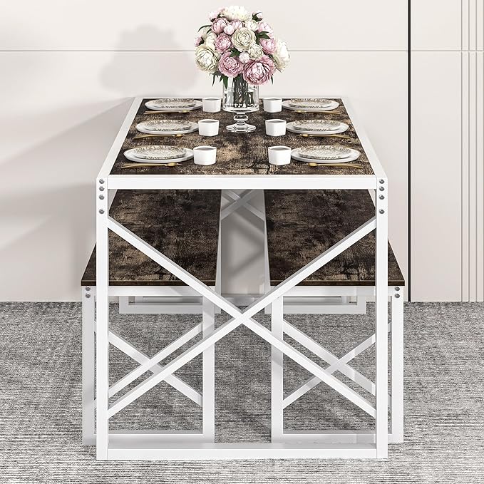 VECELO Kitchen Dining Table Set for 4 to 6, 55" Wood Dinette 2 Benches with Metal Frame for Dinner Breakfast Nook and Small Space, Dark Brown