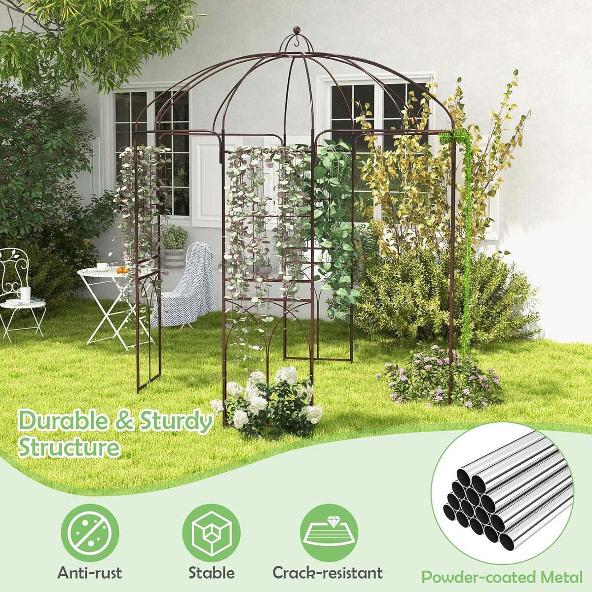 LDAILY Garden Arches Arbors Birdcage Shape, 8.4' H x 7' W Metal Pergola Pavilion with 16 Ground Stakes, French Arch Trellis for Wedding, Party & Outdoor Gardens Supports for Climbing Plants, Brown