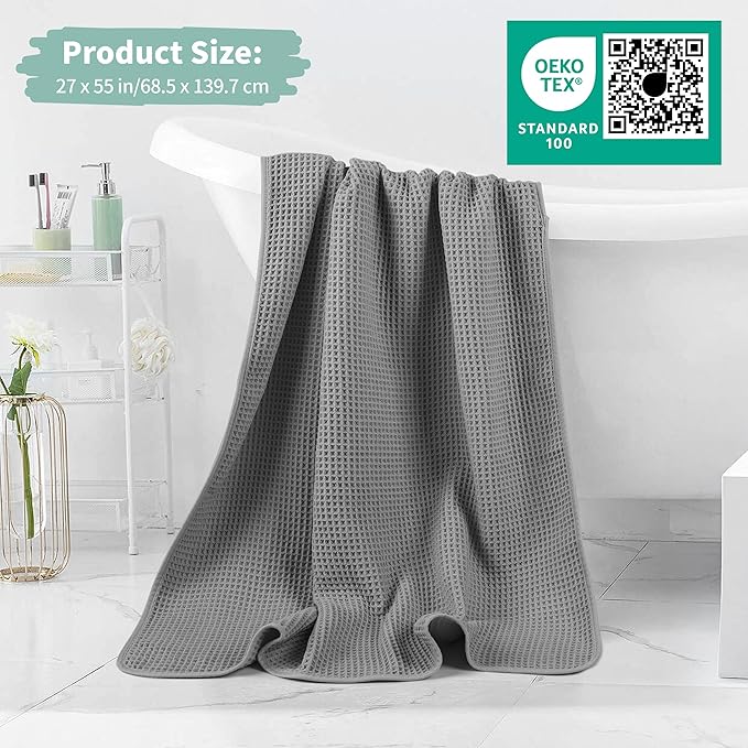 Microfiber Waffle Bath Towels, 4 Pieces, Soft, Absorbent, Fast Drying, Lint Free (Beige+Gray+Blue+White)