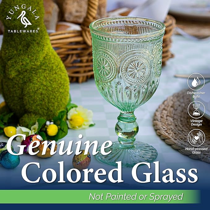 Yungala Green Wine Glasses set of 6 green goblets for lovers of green glassware or colored glassware that is dishwasher safe, sturdy and durable