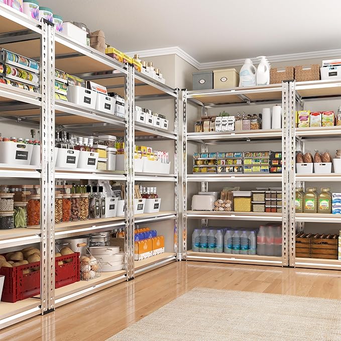 REIBII 2000LBS Storage Shelves 5 Tier Garage Shelving Heavy Duty Metal Shelving Adjustable Garage Shelves for Kitchen Pantry Basement 28" W x 13.8" D x 59.8" H, Silver