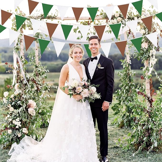 32Ft Green Brown White Party Decorations Brown Green Pennant Banner Fabric Triangle Flag Bunting Garland Streamers for Football Camping Birthday Baby Shower Jungle Safari Rugby Sport Party Decor