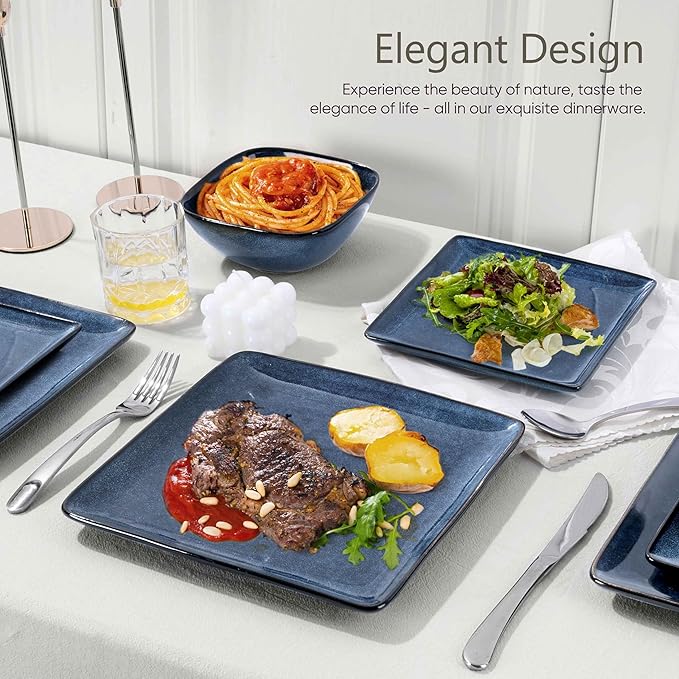 Herogo 12 Pieces Square Stoneware Dinnerware Set, Service for 4, Dinner Plates and Bowls Sets, Double Reactive Glaze Dishes Set for Kitchen, Scratch Resistant, Dishwasher Safe, Starry Blue