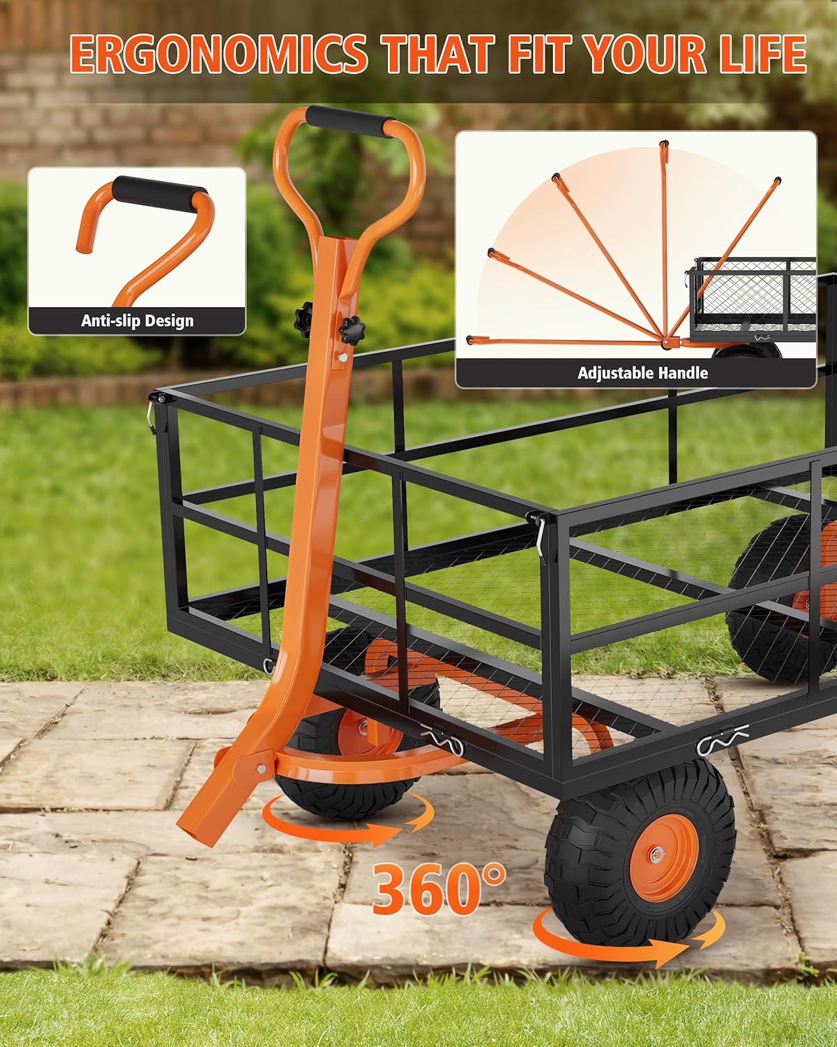 Versatile Garden Cart for Lawn and Yard with Heavy Duty Steel, 1200 Lbs Capacity Mesh Steel Garden Cart Folding Utility Wagon with Removable Side Panels, Long Handle, 10" Tires - Black and Orange