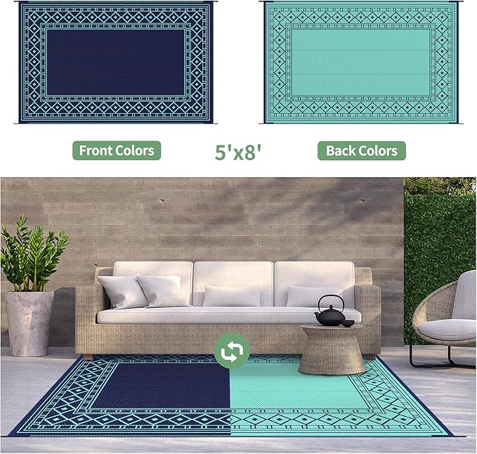 GENIMO Outdoor Rug Waterproof 5'x8' for Patio, Foldable Reversible Plastic Straw Carpet for Travel Trailers, Outside Area Mat for Rv, Deck, Picnic, Porch, Balcony, Beach, Navy Blue & Jade Green