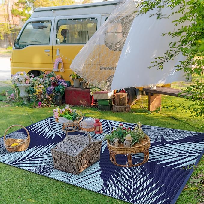 GENIMO Outdoor Rug 8' x 10' Waterproof for Patios Clearance, Reversible Outdoor Plastic Straw Camping Rug Carpet, Large Area Rugs Mats for RV, Camper, Deck, Balcony, Porch, Beach, Navy Blue&Baby Blue