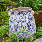 Vintage Blue Ceramic Ice Crack Glaze Flower Pot with Drainage Holes and With Handle, Country Rustic Planters for Indoor and Outdoor,Tuscan Decor,Home,Living Room, Garden Decor, Gardening Gift (Blue)