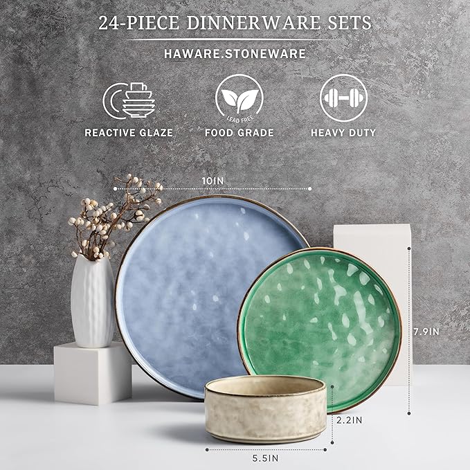 HaWare Dinnerware Sets, 24-Piece Plates and Bowls Set, Stoneware Dish Set for 8, Ceramic Dinnerware for Home Restaurant, Chip and Scratch Resistant, Microwave and Dishwasher Safe, Multicolor