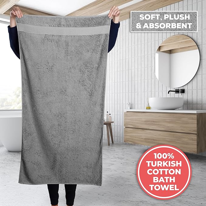 TEXTILOM 100% Turkish Cotton 2 Pcs Bath Towel Set, Luxury Bath Towels for Bathroom, Soft & Absorbent Hotel Quality Bathroom Towels Set (27 x 54 inches)- Grey