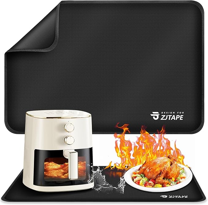 Heat Resistant Mat for Air Fryer Site - 23.6 x 15.7in, Fireproof Silicone Mats for Kitchen Counter, Countertop Protector, Non-slip & Waterproof for Deep Fryer, Oven, Coffee machine (Black)