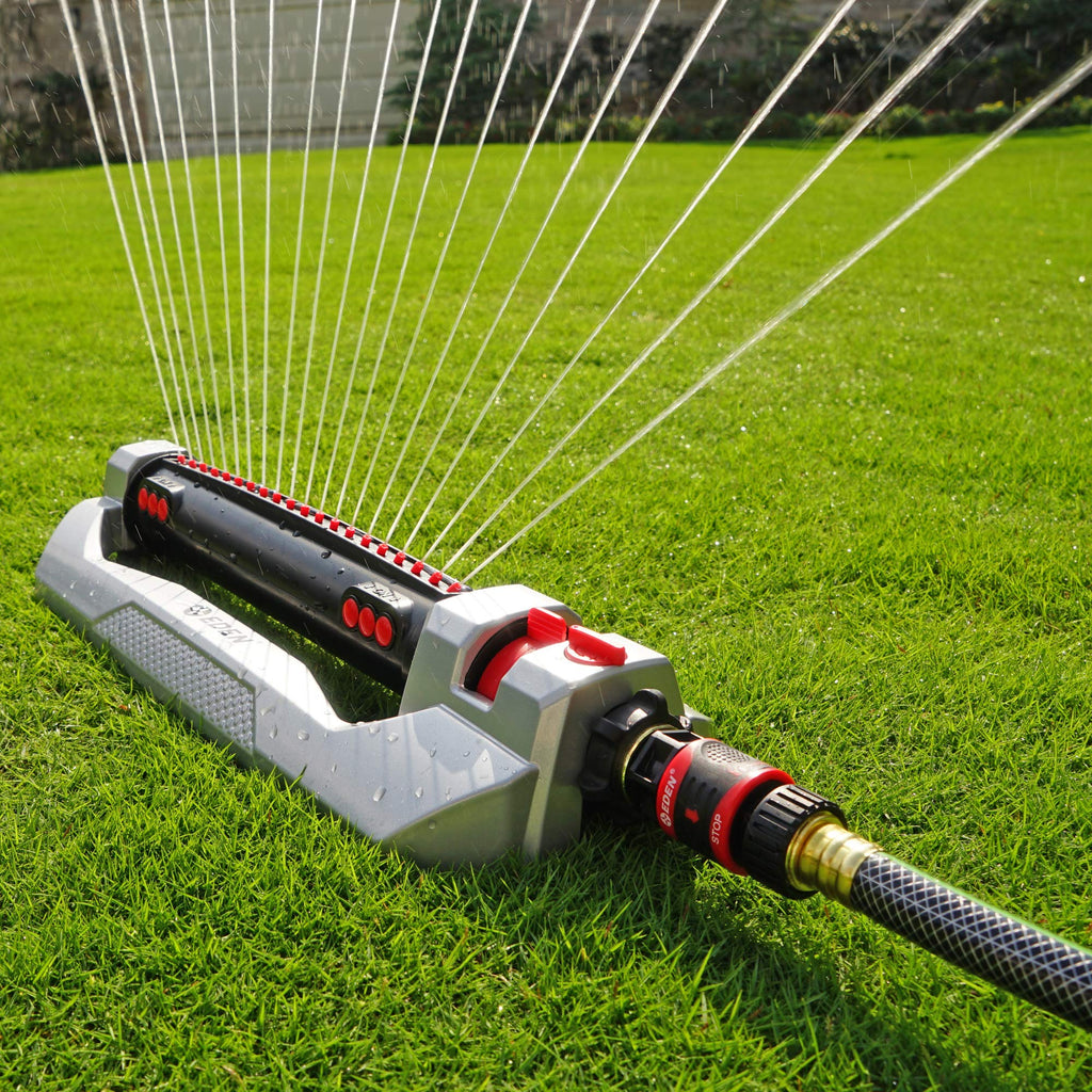 Eden 96216 Heavy Duty Turbo Oscillating Sprinkler, Covers Up to 4,900 sq. ft., 20 Precision Nozzles, Aluminum Base, Flow and Width Control, Adjustable Range, Quick Connects, Filters