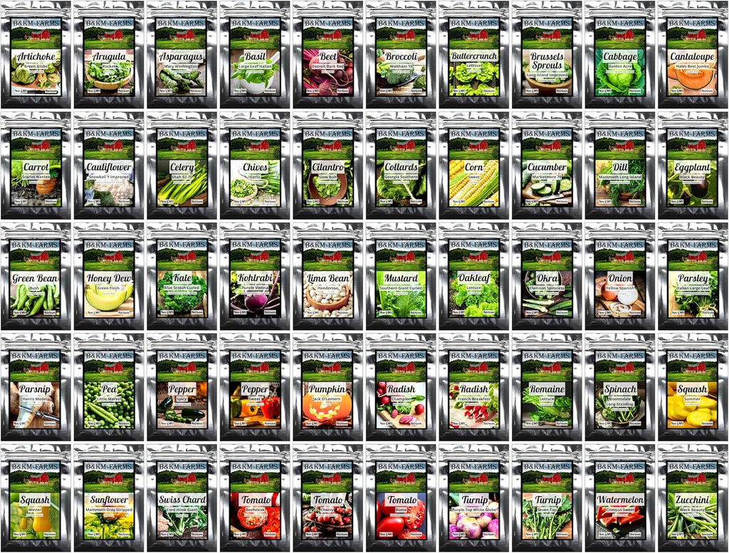 Survival Seed Vault: 50 Varieties, 50,000+ Non-GMO Heirloom Seeds - 5+ Year Supply in Secure Bucket + Growing Guide by B&KM Farms