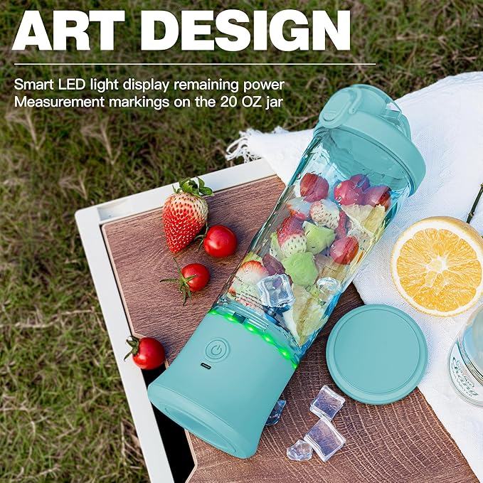 Mint Blue Portable Blender - 270W USB Rechargeable, Waterproof, 20 oz BPA Free Cup & Travel Lid for Shakes & Smoothies