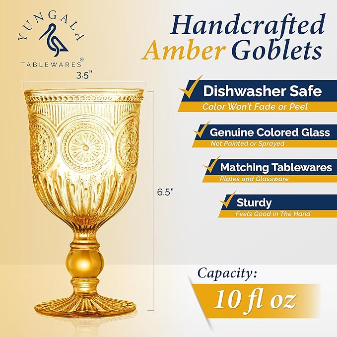 Amber Wine Glasses, set of 6 Glass Goblets made with Amber Glass (not coated or sprayed). Genuine Handcrafted Colored Glassware for your Fall Tablescape.