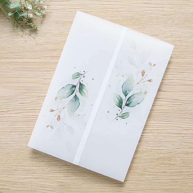 PONATIA 50PCS Vellum Jackets for 5x7 Invitation Cards - 135GSM Green Leaves Vellum Sleeves, 5x7'' Clear Jackets Wedding Invitations Wraps - Transparent Card Jackets
