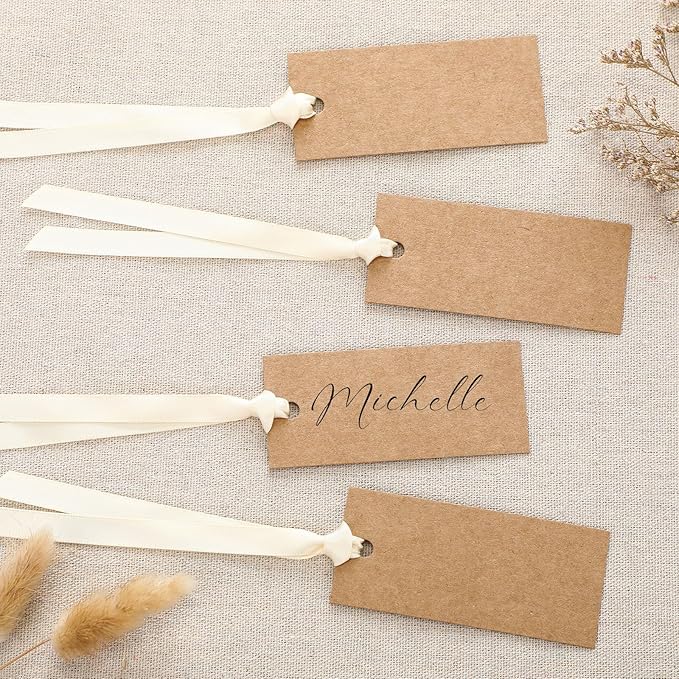 50 Pcs Name Place Cards for Table Setting Blank Wedding Place Cards with Satin Ribbon 1.57 x 3.54 Inch Hanging Gift Tags for Wedding Dinner Banquet Party Table Setting Supplies (Kraft)