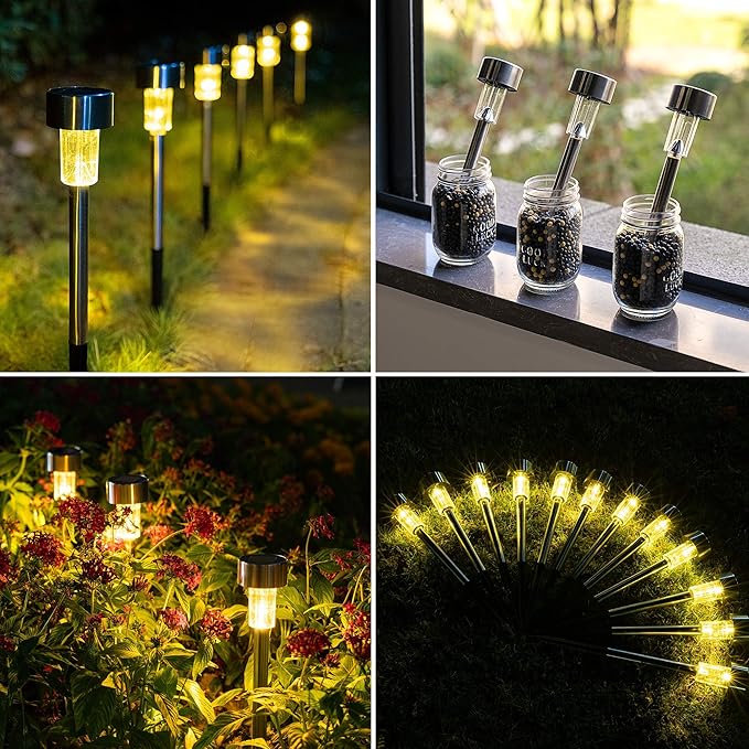 GIGALUMI Solar Pathway Lights, Stainless Steel IP44 Waterproof Auto On/Off Outdoor LED Solar Landscape Lights for Garden, Yard, Patio, Path and Walkway(12 Pack, Warm White)