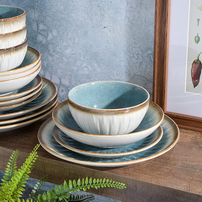 Gibson Elite Mayfair Bay Embossed Double Bowl Dinnerware Set, Service for 4 (16pcs), Blue