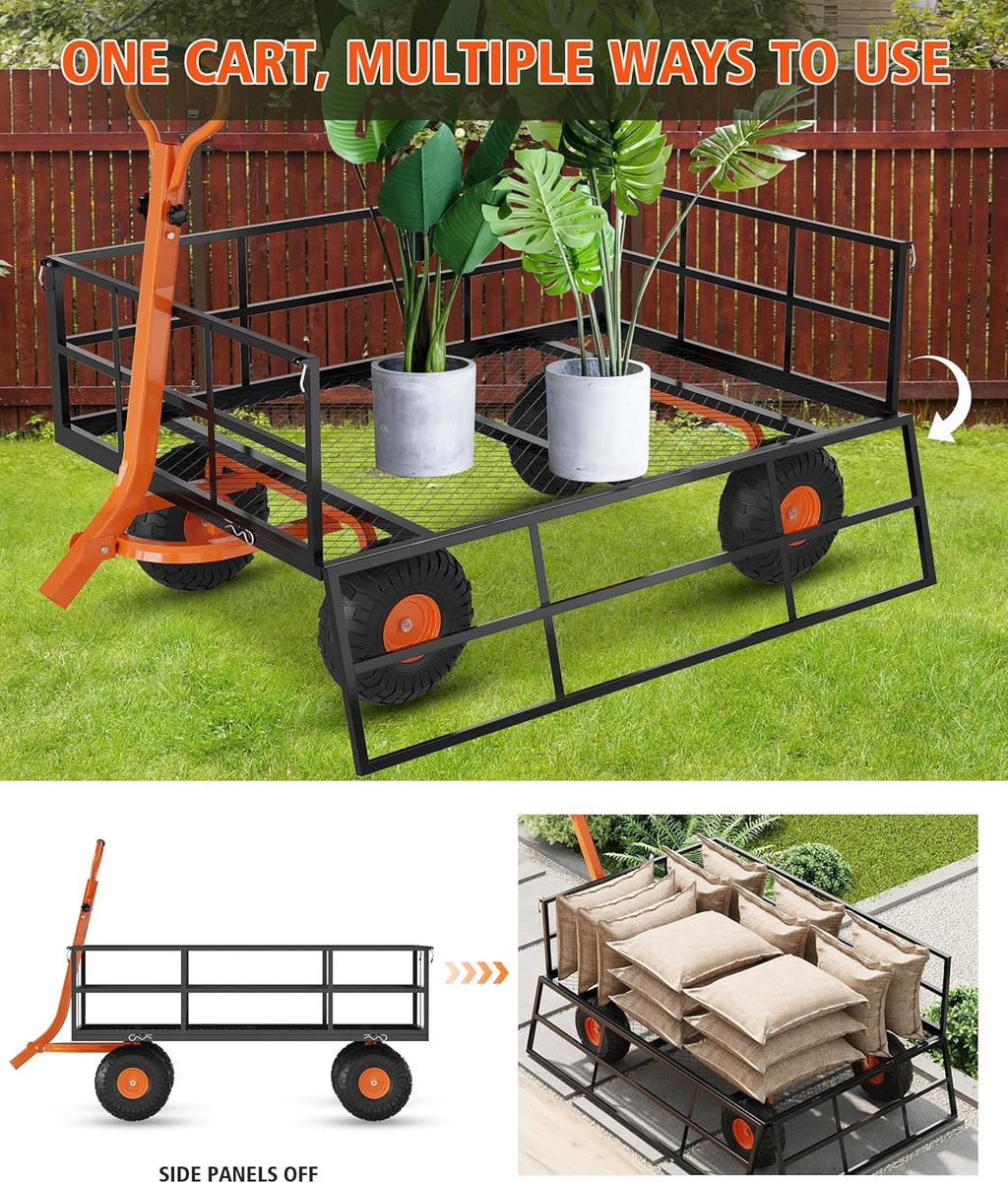 Versatile Garden Cart for Lawn and Yard with Heavy Duty Steel, 1200 Lbs Capacity Mesh Steel Garden Cart Folding Utility Wagon with Removable Side Panels, Long Handle, 10" Tires - Black and Orange