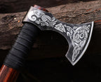 Viking Axe | 18" Carbon Steel Throwing Hatchet with Ash Wood Handle & Leather Sheath | Etched Norse Design, Functional & Collectible Gift(WCA-017)