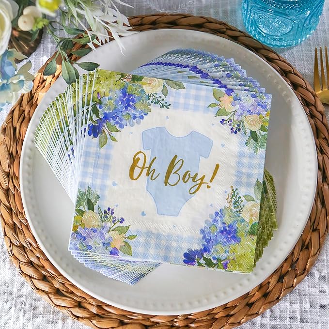 Kate Aspen Baby Shower Onesie Blue Floral & Gingham Tableware Set - 62pc. 16pcs 7 inch & 16pcs 9 inch Heavy Duty Disposable Party Plates, 30pcs 6.5 inch Durable Paper Napkins