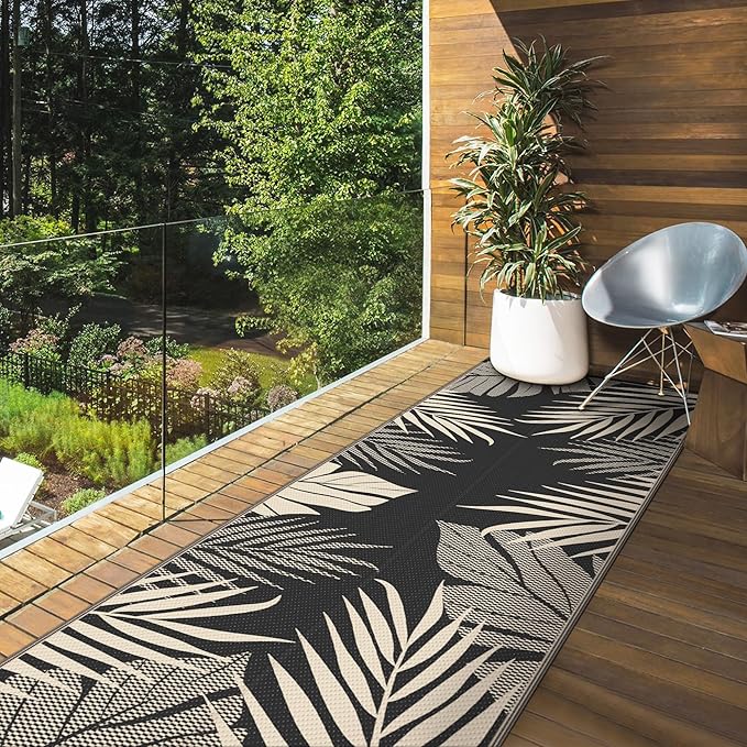 GENIMO Outdoor Rug 2.5' x 8' Waterproof for Patios Clearance, Reversible Outdoor Plastic Straw Camping Rug Carpet, Large Area Rugs Mats for RV, Camper, Deck, Balcony, Porch, Beach, Black&Beige