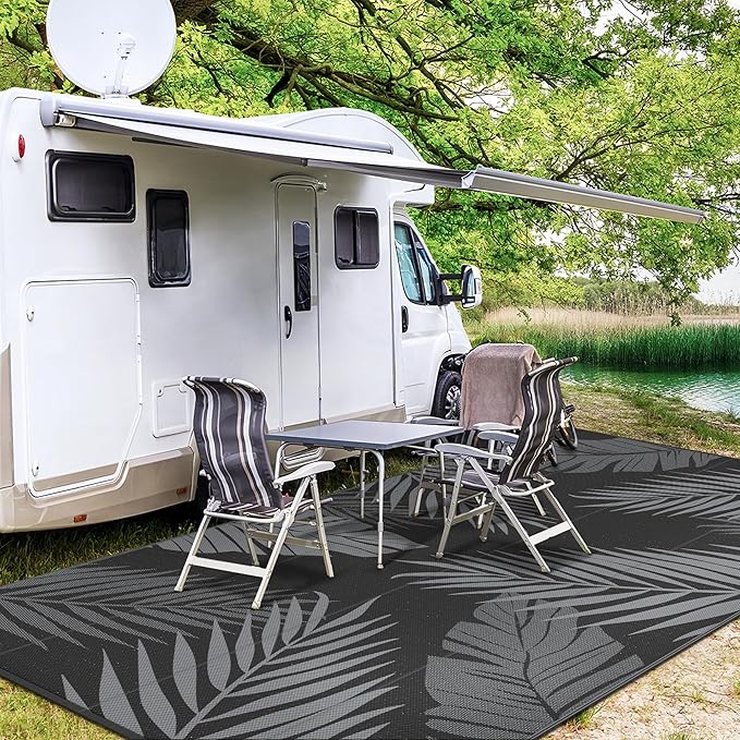 GENIMO Outdoor Rug 10' x 14' Waterproof for Patios Clearance, Reversible Outdoor Plastic Straw Camping Rug Carpet, Large Area Rugs Mats for RV, Camper, Deck, Balcony, Porch, Beach, Picnic, Black&Grey