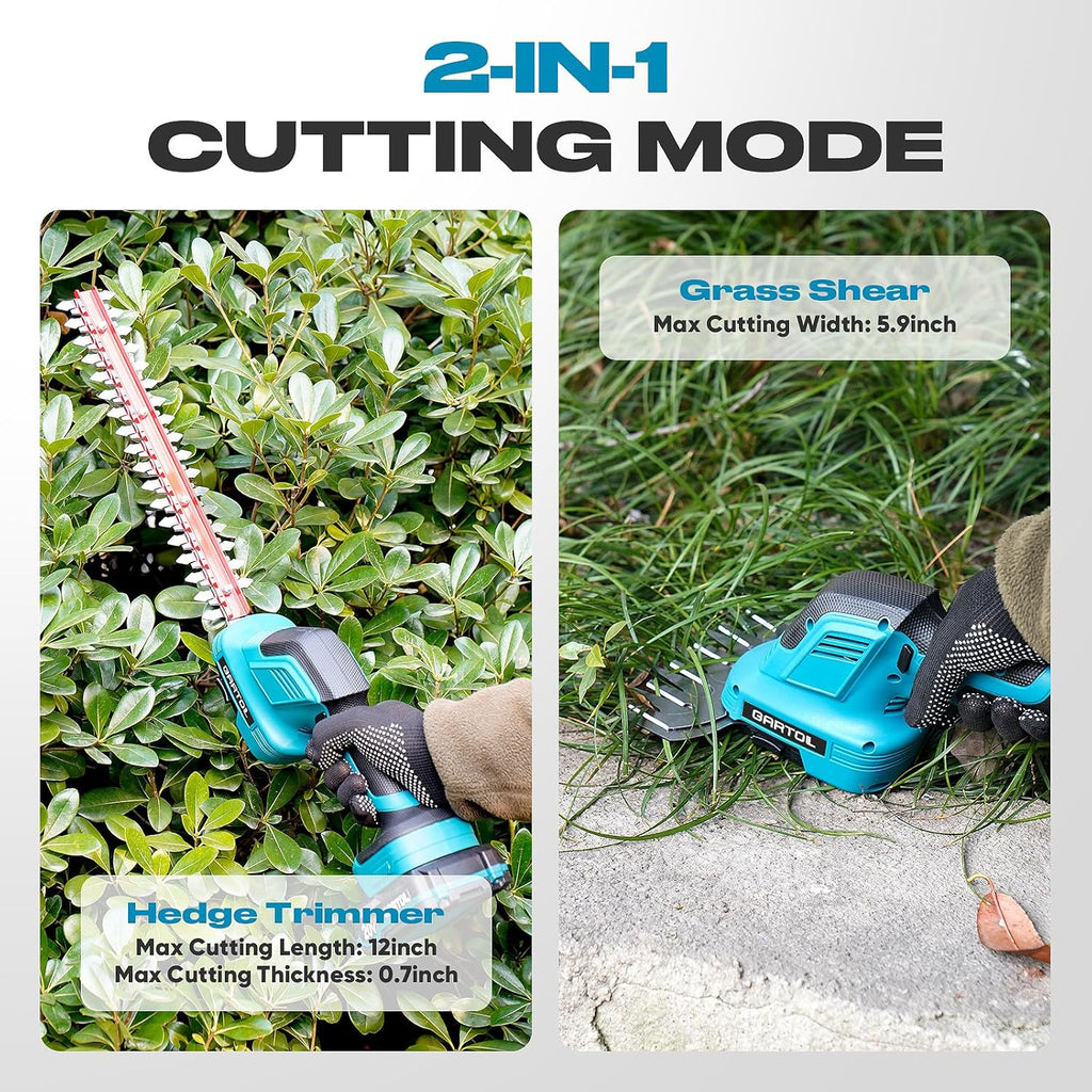 GARTOL Hedge Trimmer Cordless 2-in-1, 12'' Bush Trimmer & 20V Battery Powered Grass Shears with Battery & Charger, Lock, Fast Blade Change, Electric Hedge Shears Compatible with 18V Makita Batteries
