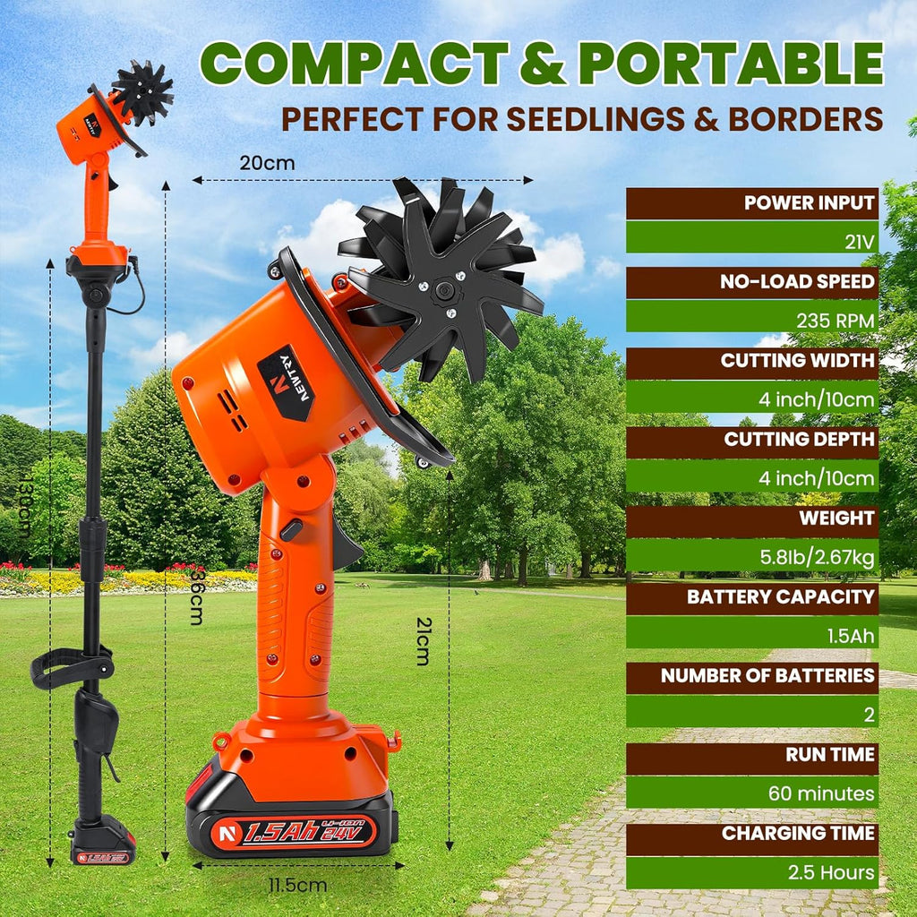 NEWTRY Cordless Electric Tiller Handheld & Extended Rod Dual Modes, 4'' Tilling Depth & Width, with 2x1500mAh Batteries for Small Scale Garden, Raised Beds