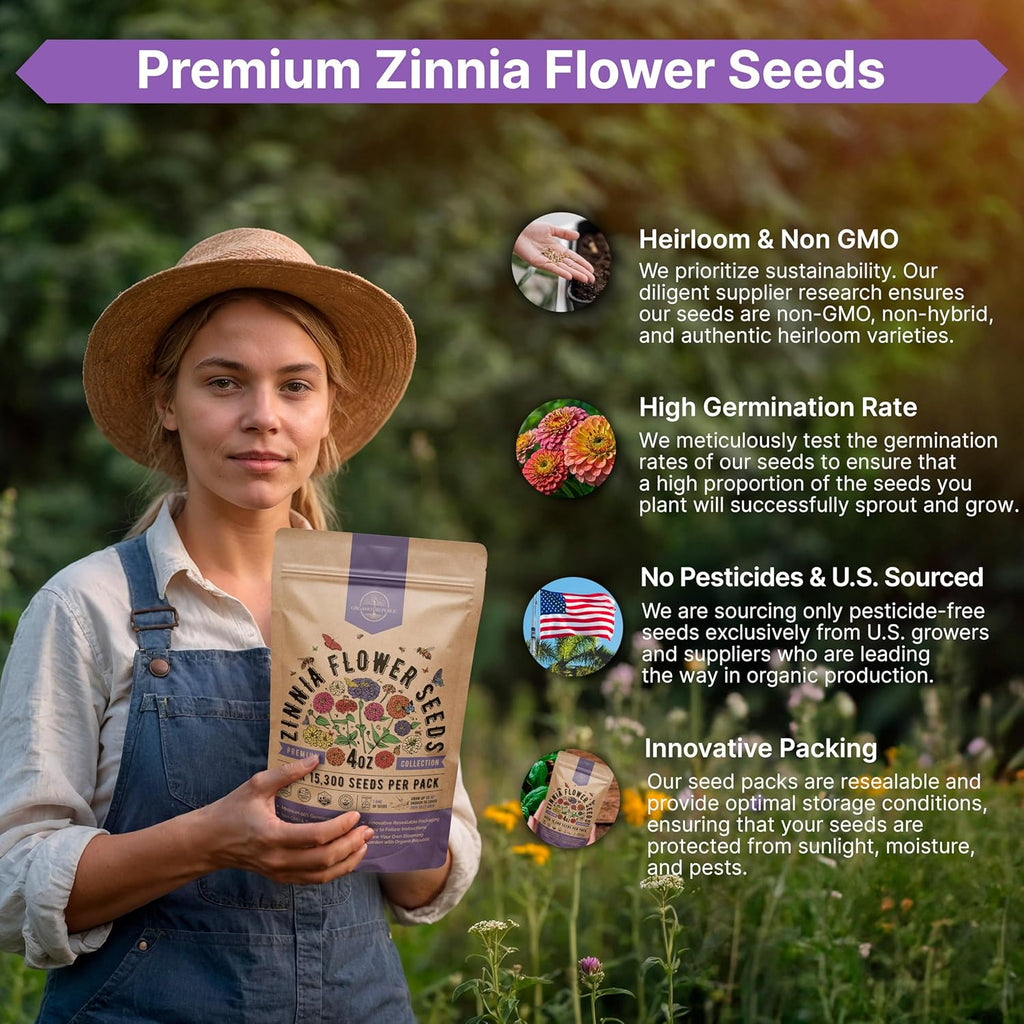 Zinnia Seeds Pack 4 oz - Over 15,300 Non-GMO Heirloom Zinnia Seeds for Planting, Annual Flowers in Individual Seed Packet for Planting Home Garden Indoor & Outdoor Gardening