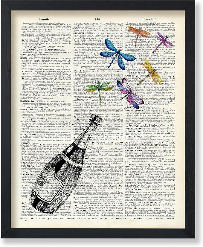 Poster Master Dictionary Art Poster - Champagne Bottle Print - Dragonfly Art - Alcohol Art - Gift for Men, Women & Bartender - Great Decor for Bar, Kitchen or Restaurant, 18x24 Unframed Wall Art