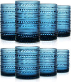 Set of 8 Hobnail Drinking Glasses Vintage Blue Glassware - 4 Highball Glasses 14 oz, 4 Rocks Glass Cup 11 oz, Embossed Old Fashioned Glassware for Water,Wine,Beer,Juice, (Cornflower Blue)
