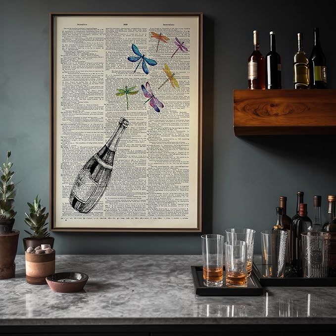 Poster Master Dictionary Art Poster - Champagne Bottle Print - Dragonfly Art - Alcohol Art - Gift for Men, Women & Bartender - Great Decor for Bar, Kitchen or Restaurant, 18x24 Unframed Wall Art