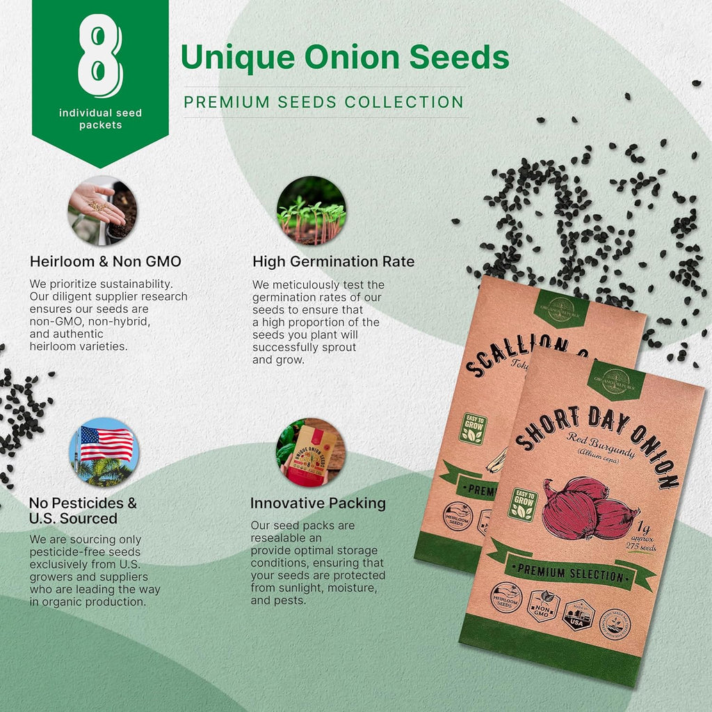 Organo Republic 8 Onion Seeds Variety Pack Heirloom, Non-GMO, Sets for Indoors, Outdoors Gardening. 2200+ Seeds: Walla Walla, Green Onion, Red Burgundy, White & Yellow Sweet Spanish Onions
