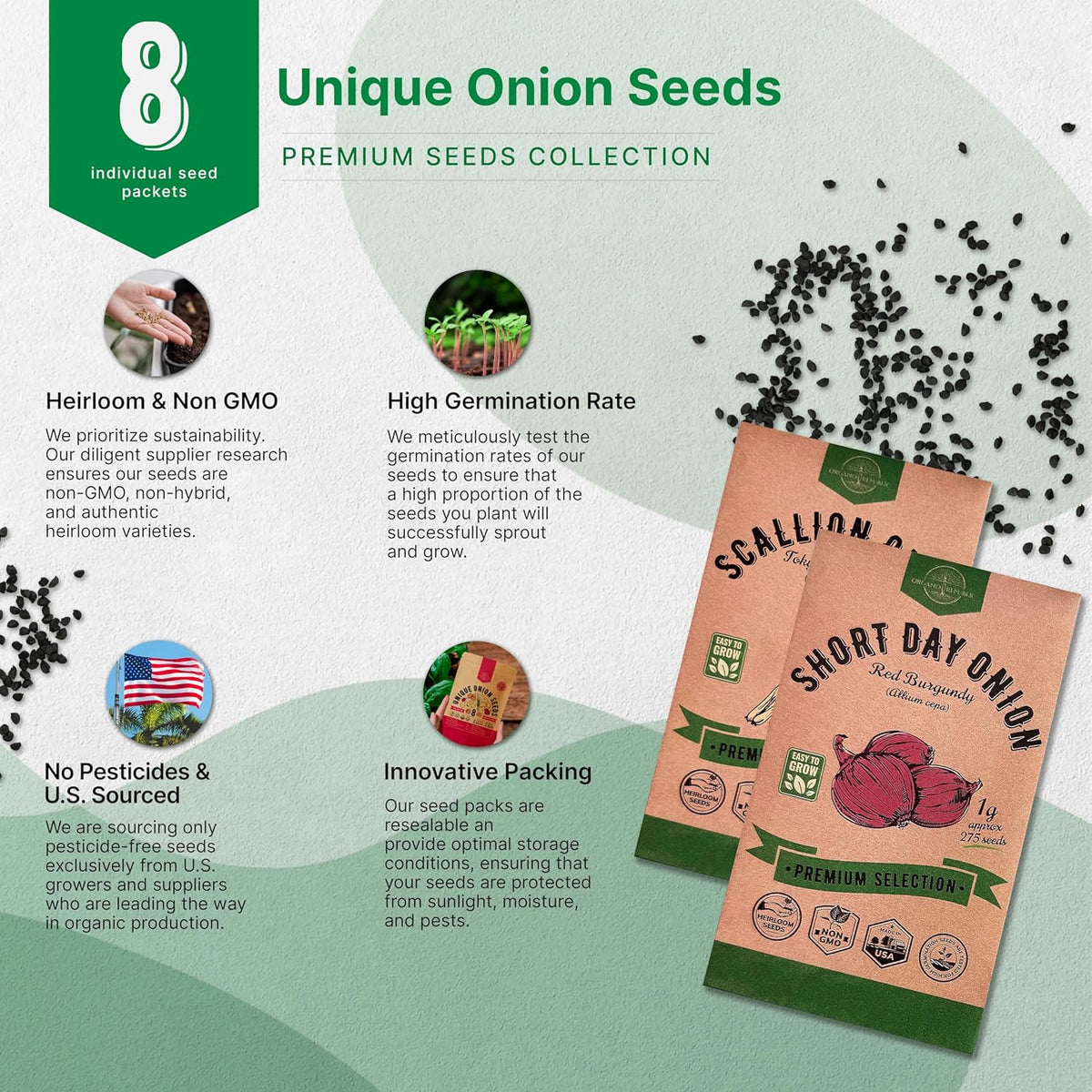 Organo Republic 8 Onion Seeds Variety Pack Heirloom, Non-GMO, Sets for Indoors, Outdoors Gardening. 2200+ Seeds: Walla Walla, Green Onion, Red Burgundy, White & Yellow Sweet Spanish Onions