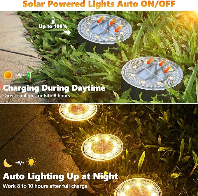 Joomer Solar Ground Lights, 16 Pack 8 LED Solar Lights Outdoor IP68 Waterproof Disc Light In-Ground Landscape Lighting Outdoor for Patio Pathway Lawn Yard Driveway Walkway (Warm White)