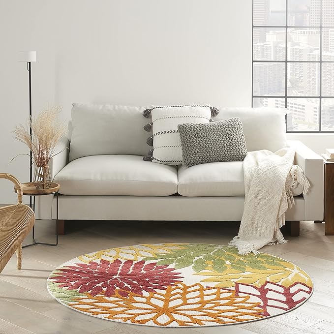 Nourison Aloha Indoor/Outdoor Red Multi Colored 4' x Round Area Rug, Tropical, Botanical, Easy Cleaning, Non Shedding, Bed Room, Living Room, Dining Room, Deck, Backyard, Patio (4 Round)