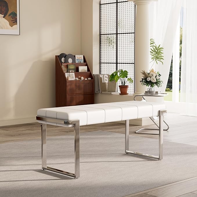 Upholstered Dining Bench, 44.29 Inch Leather Upholstered Bedroom Benches, Entryway Bench for Living Room Kitchen Dining Room(White&Silver)