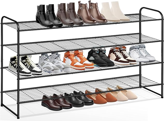 KEETDY 4-Tier Long Shoe Rack for Closet, Wide Shoe Organizer for Closet Floor Storage, Stackable Shoe Rack for Entryway Metal Shoe Shelf for 30 Pairs Men Sneakers with Wire Grid for Bedroom, Black