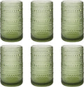 AkutaaVintage Hobnail Drinking Glasses Set of 6, 16 oz Large Capacity Embossed Green Tumblers, Highball Glasses for Water, Cocktail, Beer, Whiskey, Kitchen & Bar Use