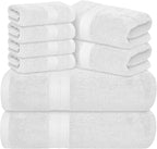 Avalon Towels Luxury 8 Piece Towels Set, 2 Bath Towels, 2 Hand Towels and 4 Washcloths, 600 GSM 100% Ring Spun Cotton Highly Absorbent Bathroom Towel Set, Ideal for Hotel, Spa and Gym (White)
