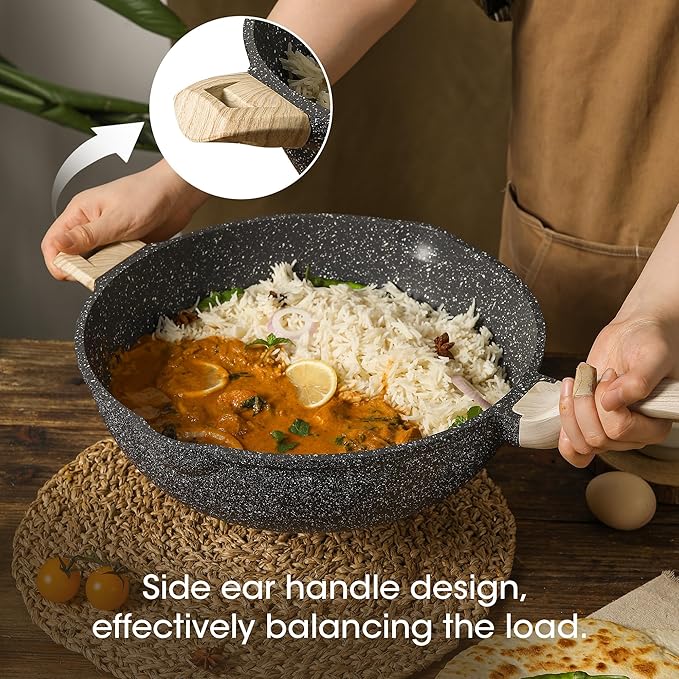 CAROTE 12.5 Inch Nonstick Deep Frying Pan with Lid, 6.5 Qt Jumbo Cooker Saute Pan with Pour Spout, Skillet Induction Cookware, Non Stick Cooking Pan PFOA Free, Classic Granite
