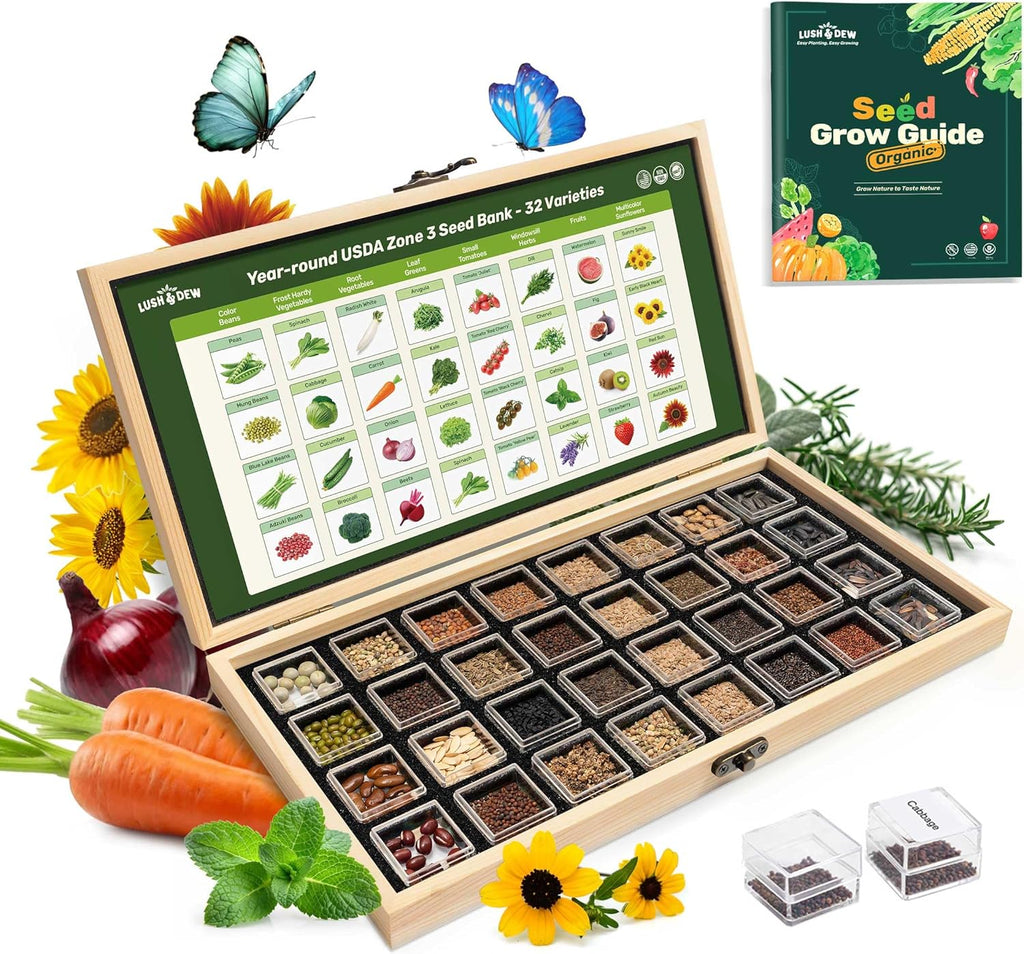Lush&Dew USDA Zone 3 Seed Bank, Gardening Gifts for Women Men, 32 Varieties Non-GMO Heirloom Seeds for Planting Vegetables Fruits, Year Round Survival Seed Kit for Raised Garden Bed Greenhouse