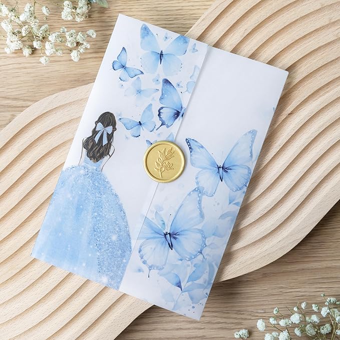 PONATIA 50 PCS Vellum Jackets for 5x7 Invitations - Vellum Paper 5x7 Jackets - 135GSM Blue Girl Butterfly Quinceanera Invitations Wraps - Transparent Cards
